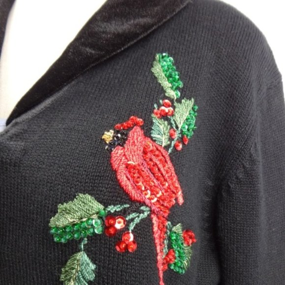 Black w Cardinal Holiday Sweater Size Large Velvet Collar Party Sequins - Picture 3 of 7